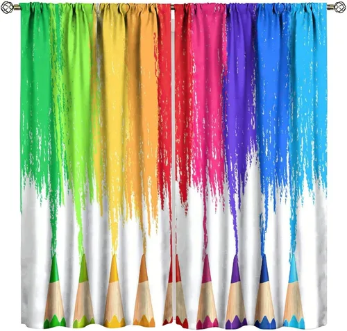 Vista 38 de Cortinas opacas abstractas de arco iris, pintura de color arcoíris con gotas, diseño gráfico creativo con bolsillo para barra, para sala de estar
