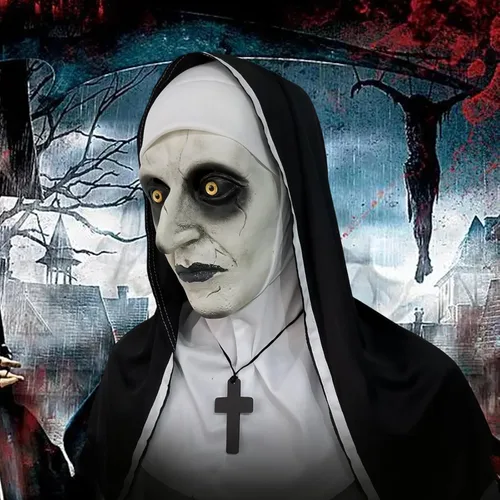 Vista 6 de Scary Nun Latex Mask - Halloween Party Horror Nun Conjuring Cosplay Full Head Creepy Mask