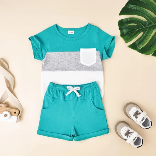 Vista 33 de Ropa para bebé niño pequeño, trajes de verano de manga corta, camiseta de retazos y pantalón con bolsillo, conjunto de 2 piezas, 12 meses a 4 años