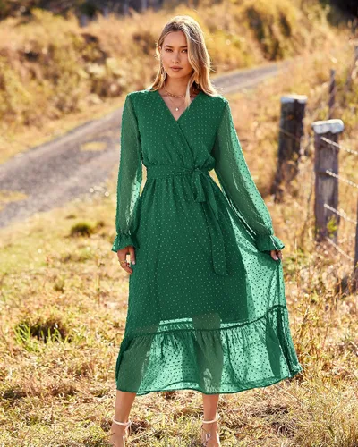 Vista 2 de BTFBM - Vestidos informales para mujer de manga larga, cruzado con cuello en V, estampado floral, estilo bohemio, acampanado y plisado, vestido midi