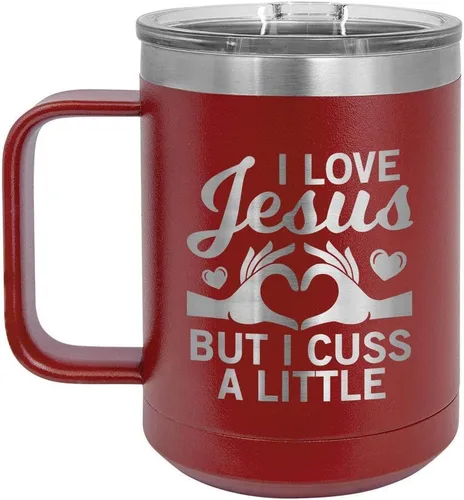 Vista 9 de Taza de café con tapa abatible, diseño con texto "I love Jesus but I CUSS A LITTLE 15 oz con tapa superior taza de café de viaje aislado Ideas