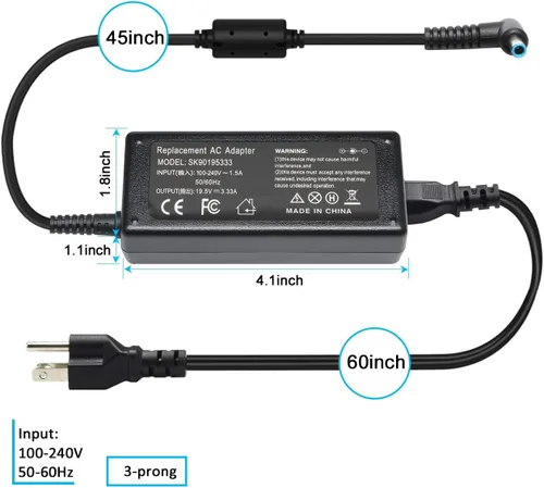 Vista 5 de Cargador de CA de 65 W compatible con cargador de portátil HP Modelo 15: 15-dy 15-dq 15-da 15-db 15-dw 15-f 15-ef 15-ab, 15-ac 15-af 15-an 15-au