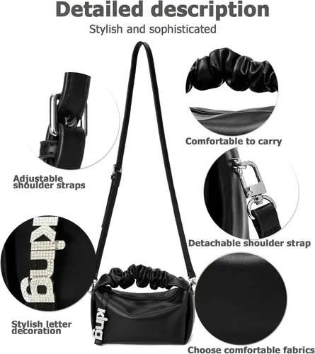 Vista 5 de KingTo Bolso pequeño de hombro para mujer, bolso de mano suave de diseñador en la nube, bolso cruzado ligero, Negro