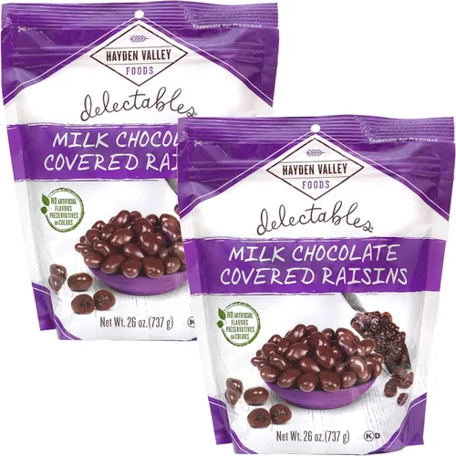 Vista 7 de Hayden Valley Foods Pasas cubiertas de chocolate con leche, bolsa resellable de 26 onzas, sin sabores, conservantes ni colores artificiales