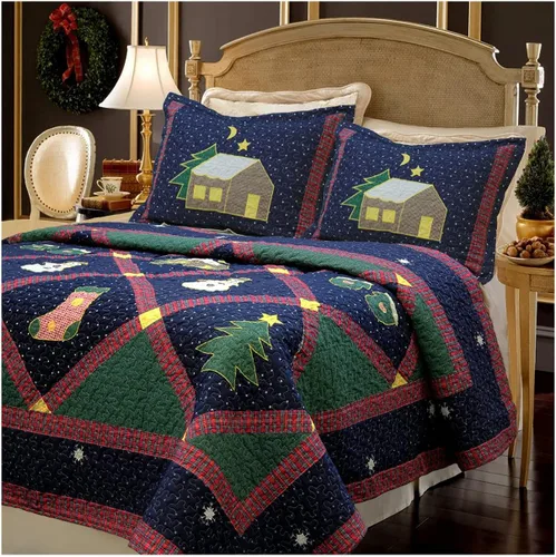 Vista 11 de Cozy Line Home Fashions Juego de ropa de cama reversible con diseño de retazos de Navidad, color azul marino, silencioso, cielo estrellado, cabaña