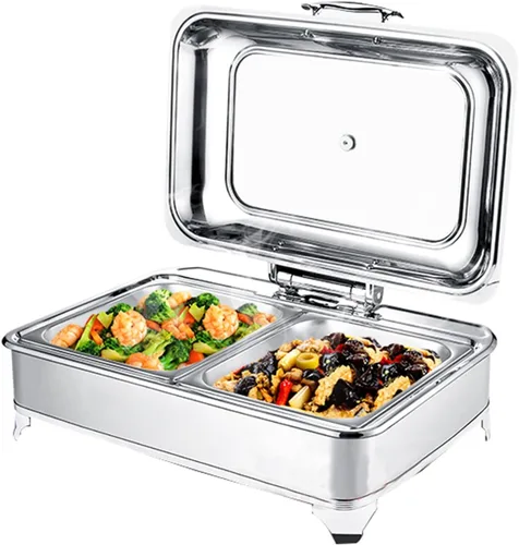 Vista 8 de Calentador de alimentos de 9 litros, juego de bufé rectangular con tapa visible de vidrio y control de temperatura, servidores de buffet