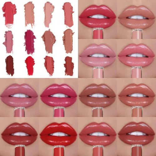 Vista 5 de Fauppt Labiales de 12 colores crema para labios, ligeros, mejorados, impermeables, de larga duración, hidratantes, antiadherentes, para mujeres, 001