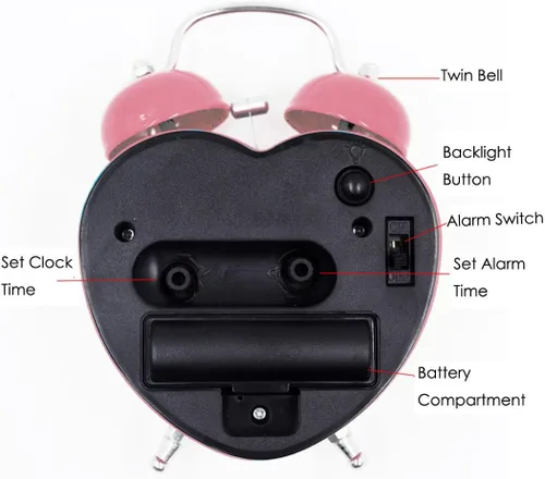 Vista 3 de Reloj despertador de plástico con forma de corazón pequeño de 3 pulgadas con forma de corazón duro, silencioso, analógico, de cuarzo