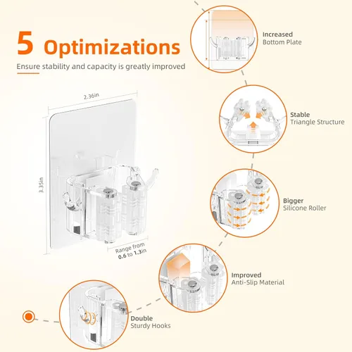 Vista 3 de Batur Soporte de pared para escoba, paquete de 4 soportes adhesivos para trapeador y escoba, soporte de pared, súper antideslizante, organizador