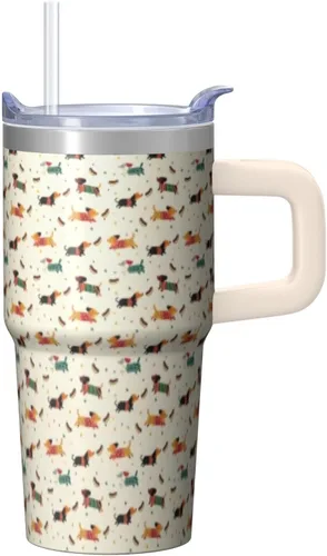 Vista 15 de Dachshund - Vaso de viaje aislado de acero inoxidable de 20 onzas con asa y pajilla, regalo para mujer, para el Día de la Madre, a prueba de fugas