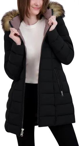 Vista 13 de Laundry by Shelli Segal Chaqueta acolchada elástica para mujer, abrigo largo de invierno con capucha de piel sintética