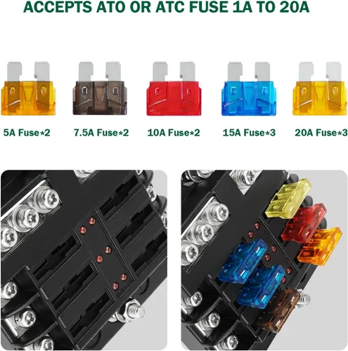Vista 3 de Bloques de fusibles de cuchilla estándar ATO/ATC de 6 vías con bus negativo, caja de fusibles, cubierta de protección, terminales de conexión