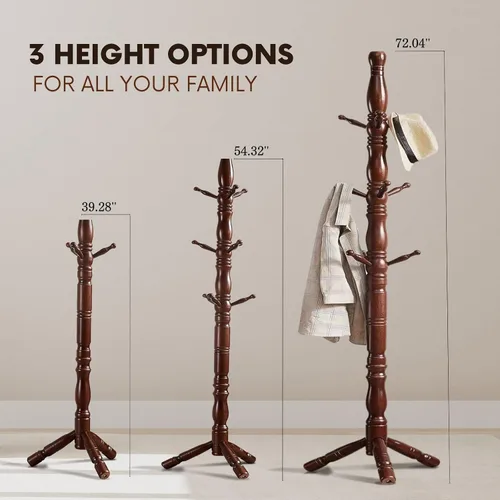 Vista 3 de Perchero de madera natural con 3 opciones de altura y 9 ganchos, fácil de montar, árbol de pasillo independiente para el hogar, oficina, entrada