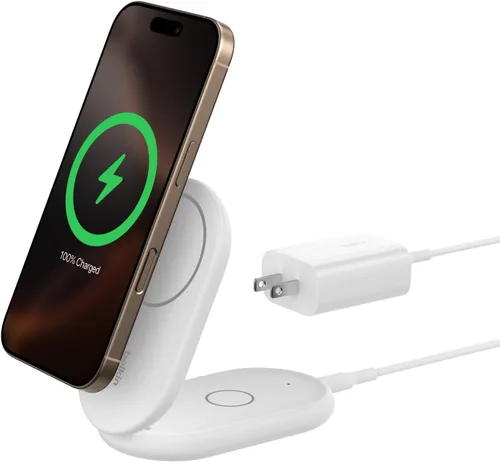 Vista 7 de Belkin Soporte de carga inalámbrico plegable magnético de 15 W, cargador certificado Qi2 compatible con MagSafe, soporte de carga inalámbrico