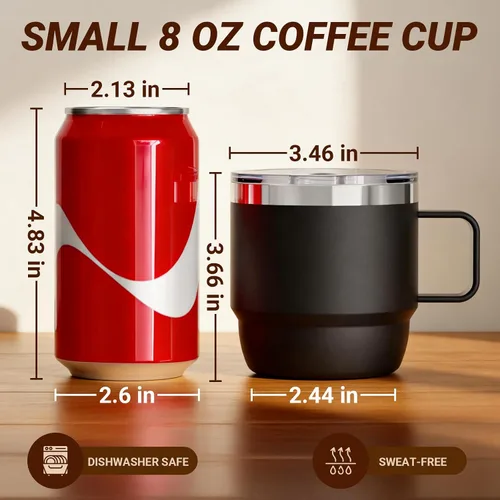 Vista 9 de Taza de café pequeña de 8 onzas con tapa deslizante magnética y asa, acero inoxidable 18/8 con forro de cerámica, doble pared aislada al vacío