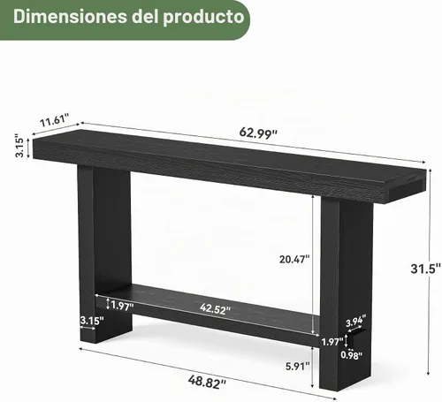 Vista 2 de Mesa consola de madera maciza de 63 pulgadas, mesa de entrada estrecha de 2 niveles para pasillo, entrada, sala de estar, detrás del sofá