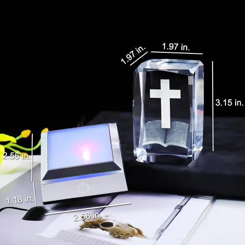 Vista 5 de YWHL Figura de Cruz de Cristal 3D con Base de Luz Colorida, Grabada Láser, Regalos Religiosos Bíblicos para Mujeres y Hombres, Decoración Cristiana