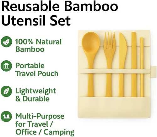 Vista 7 de Juego de utensilios de bambú con estuche, cubiertos de viaje reutilizables y cubiertos portátiles con tenedor de madera, cuchara, cuchillo