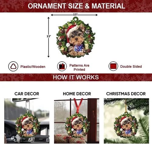 Vista 3 de Adorno navideño de Shih Tzu blanco con bolsillo de nieve, decoración navideña para perros 2022, adorno colgante personalizado de madera/acrílico