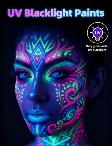 Vista 2 de 6 botellas, 28.3 g Pintura UV para el cuerpo brillante con luz negra fluorescente, segura para la piel, lavable, no tóxica, kit de seis