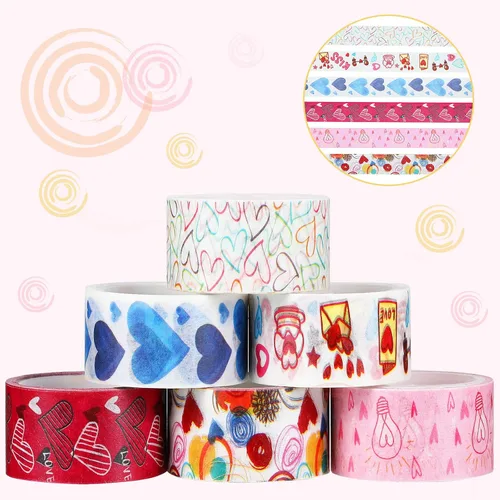Vista 3 de Zonon 6 rollos de cintas Washi para el día de San Valentín, calcomanías de San Valentín para niños, lindas calcomanías de color dulce