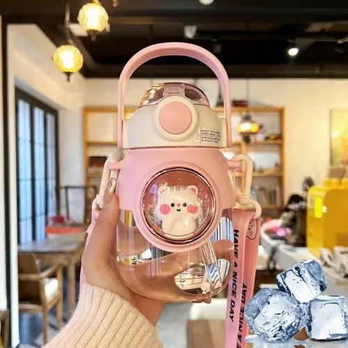 Vista 7 de LEJN - Botella de agua de 28 oz Kawaii con correa de hombro ajustable para verano, agua fría portátil, a prueba de fugas, sin BPA, taza de dibujos