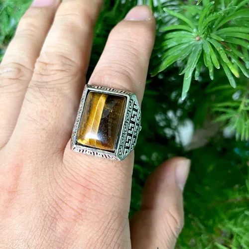 Vista 6 de DALEGEM Anillo de piedra de ojo de tigre amarillo genuino para hombres y mujeres, anillo turco retro vintage de cristal de cuarzo piedras preciosas