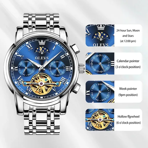 Vista 6 de OLEVS Relojes mecánicos automáticos para hombre, cuerda automática, impermeable, de acero inoxidable, reloj de pulsera de lujo costoso, pulsera