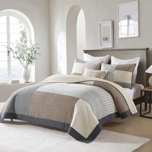 Vista 2 de Finlonte Colchas tamaño Queen 100% algodón, ligero y suave, edredón de retazos reales a cuadros, colcha acolchada, marrón, beige, gris, reversible