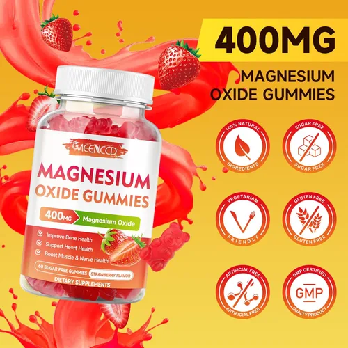 Vista 6 de Gomitas de óxido de magnesio de 400 mg, suplemento de óxido de magnesio masticable para adultos y niños, apoyo nervioso y muscular, sin OGM, sin