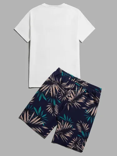 Vista 83 de GORGLITTER Conjunto de 2 piezas de camiseta gráfica de manga corta para hombre, estampado hawaiano con cordón y pantalones cortos
