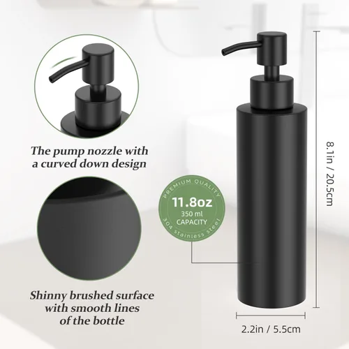 Vista 3 de ARKTEK Dispensador de Jabón Negro Mate de Acero Inoxidable 11.8 OZ - Dispensador de Loción Líquida para Manos Decorativo, Recargable, Dispensador