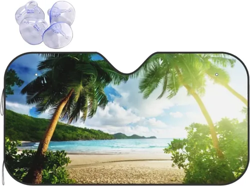 Vista 21 de Parasol de parabrisas con palmera de playa Hawaii tropical costa de verano amanecer, protector frontal plegable, visera solar para automóvil que