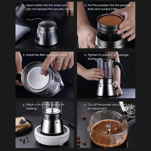 Vista 9 de Jiawu Cafetera clásica para estufa, cafetera Greca italiana y cubana de acero inoxidable, cafetera espresso superior de cristal premium, fácil