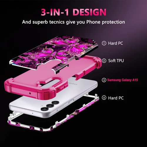 Vista 4 de Casetego Funda compatible con Galaxy A15 5G, que brilla en la oscuridad, tres capas, resistente, resistente, a prueba de golpes, protección