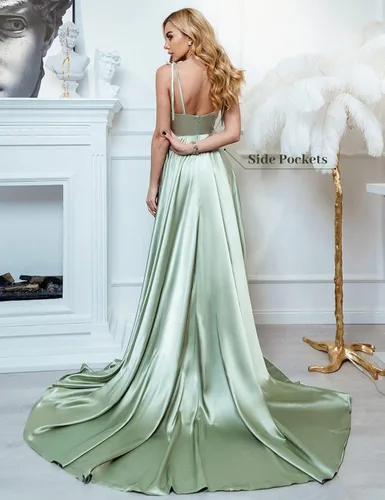 Vista 2 de Miao Duo MDPM154 - Vestidos largos de satén con abertura alta para mujer, con tirantes delgados ajustables, vestidos de fiesta formales con bolsillos