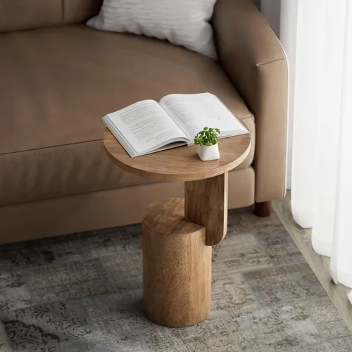 Vista 7 de COZAYH Farmhouse - Mesa alta para bebidas con base de diseño geométrico, natural Mesa auxiliar minimalista moderna redonda de madera en forma de C
