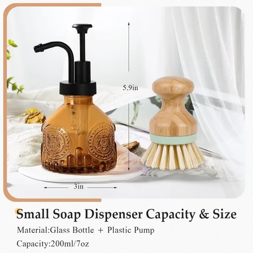 Vista 2 de Dispensador de jabón de vidrio ámbar, dispensador pequeño de jabón de manos para baño, botella de jabón líquido y loción con bomba, dispensador