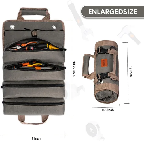 Vista 2 de Bolsa de herramientas enrollable, organizador de herramientas portátil resistente con 2 bolsas desmontables y 4 compartimentos, rollo