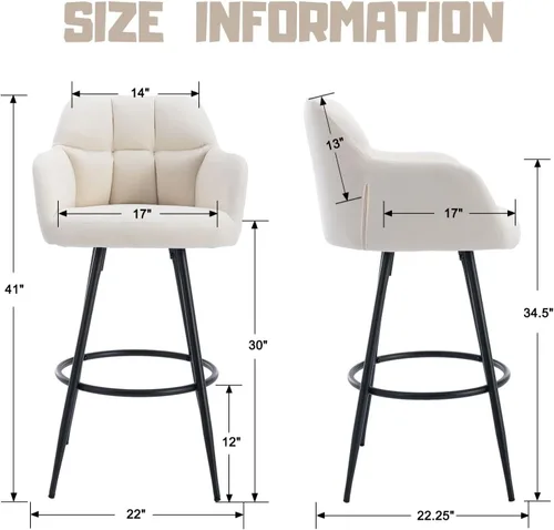 Vista 2 de ROCITY Juego de 2 taburetes de bar de terciopelo con respaldo, silla de bar beige para isla de cocina, taburetes de bar modernos con patas de metal
