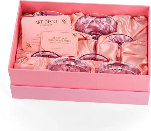Vista 8 de GLASSIQUE CADEAU Vasos vintage Art Deco Blush Pink Coupé con bordes dorados Juego de 4 Cristalería de cóctel acanalada de cristal de 7 onzas