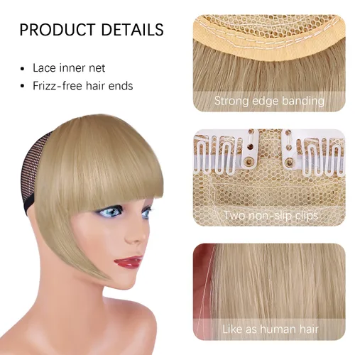 Vista 4 de Extensión de cabello rubio ceniza, clip de flequillo francés, grueso y natural, flequillo ordenado, flequillo recto con fleco con sienes, una pieza