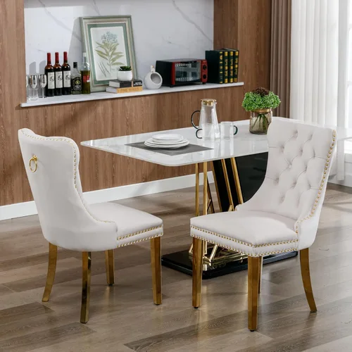 Vista 7 de Juego de 4 mesas de comedor blancas y doradas, mesa de cocina rectangular de 68 pulgadas con parte superior de mármol sintético blanco, mesa de Mesa