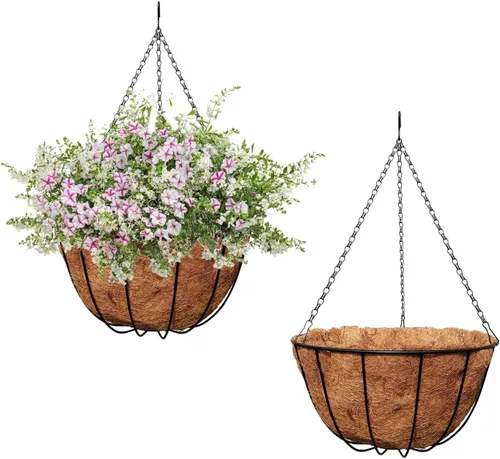 Vista 9 de MTB Supply Paquete de 2 cestas colgantes de jardín de 10 pulgadas, estilo tradicional con forro de coco para decoración del hogar, balcón, patio