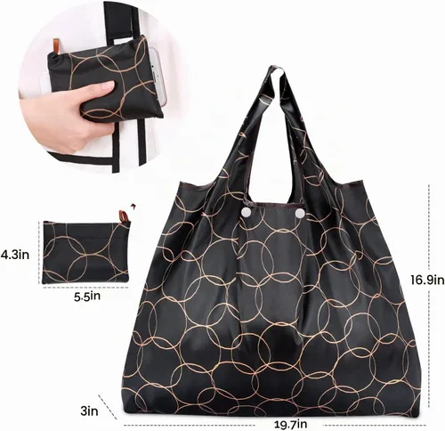 Vista 2 de Kingmas - Bolsas reutilizables para alimentos, plegables, ecológicas, aptas para el bolsillo, lavables, impermeables, de nailon, bolsas con asa Negro