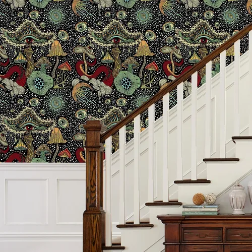 Vista 7 de WENMER Papel tapiz bohemio de hongos de despegar y pegar de 17.7 pulgadas x 39.4 pies - Papel de contacto de plantas/ojos/hongos, vinilo floral