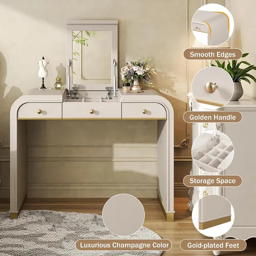 Vista 5 de Escritorio clásico de madera con espejo abatible, tocador 3 en 1 con 2 cajones y espacio de almacenamiento para dormitorio, champán