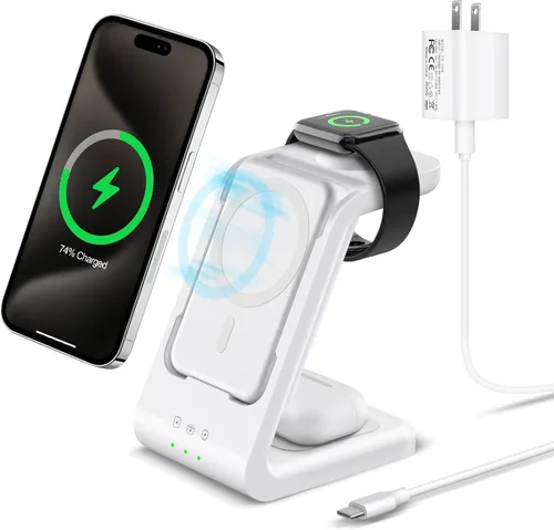 Vista 11 de Smtcsl Estación de Carga Inalámbrica 3 en 1: Soporte de Cargador de Banco de Energía Extraíble de 5000mAh para Teléfono/Reloj/Air Pods - Paquete