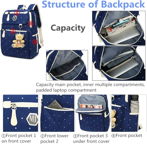 Vista 6 de Juego de 3 mochilas para niñas para escuela primaria, bolsas escolares informales, mochilas para libros