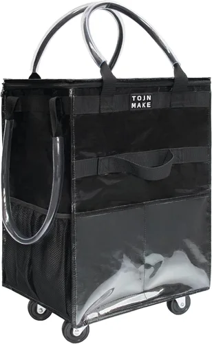 Vista 27 de Bolsa de comestibles reutilizable sobre ruedas, carrito de compras con 8 bolsillos y cubierta con cremallera, bolsa plegable con ruedas, asas